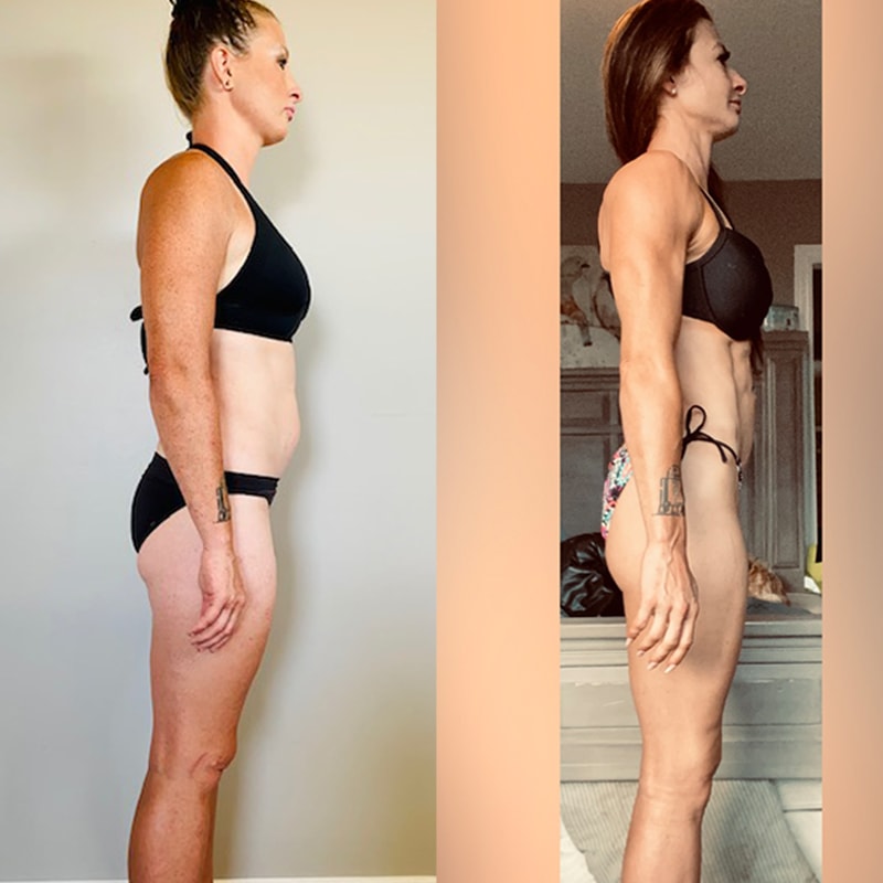 Figure competition before and after side view 4 month shred of bodyfat 